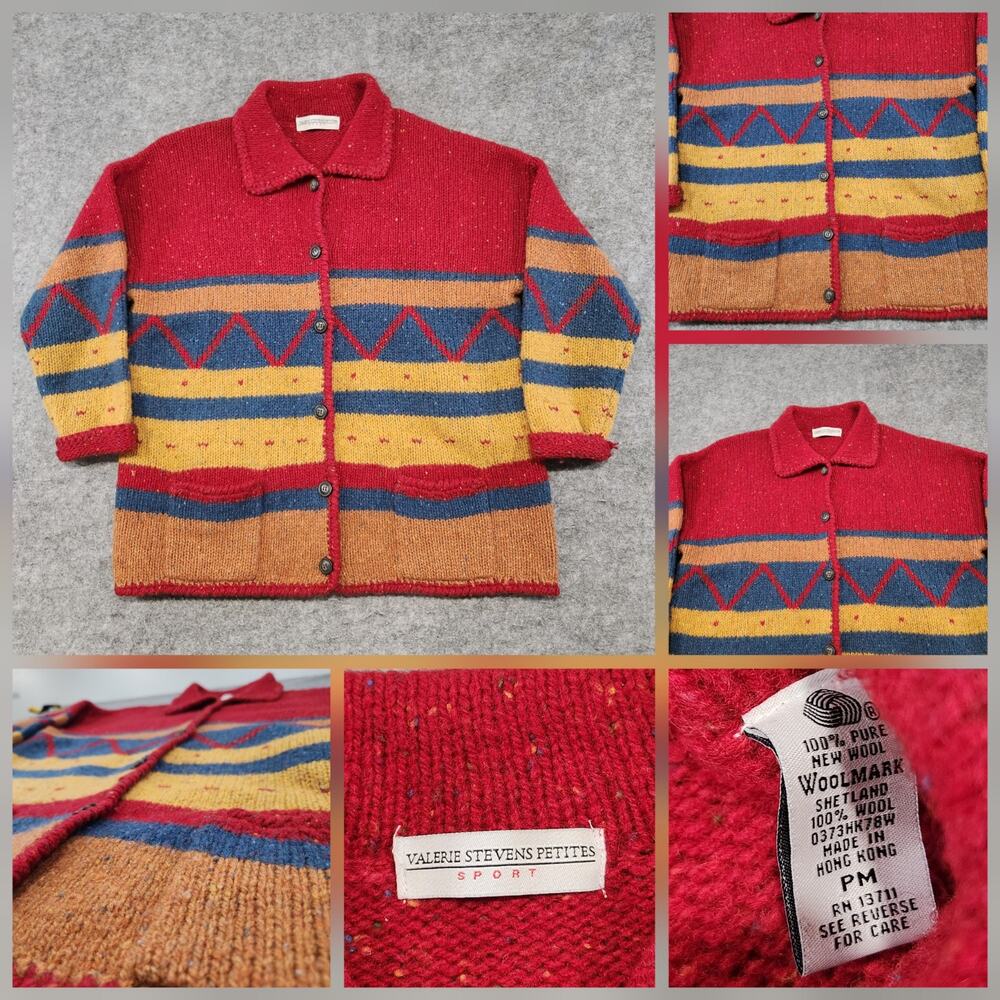 VTG Valerie Stevens Sport Womens PM P Petite M Medium Wool Knit Cardigan Sweater